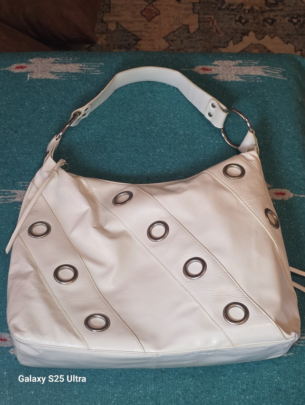 Y2K Vintage Rare Mussio DeGroot White Patent Leather Large Grommet Hobo Bag - Picture 12 of 17